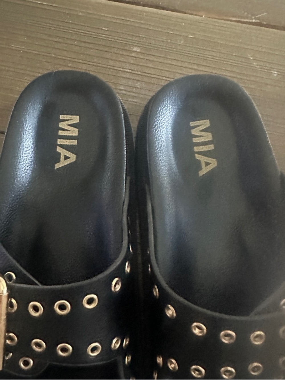 Mia Brooklyn Slide Black Sandals with Gold Grommet Detail size 8 - Picture 2 of 6